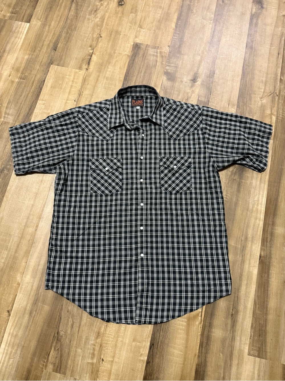 Plains Western Wear Pearl Snap Men’s L Black & White Plaid Short-Sleeve Shirt